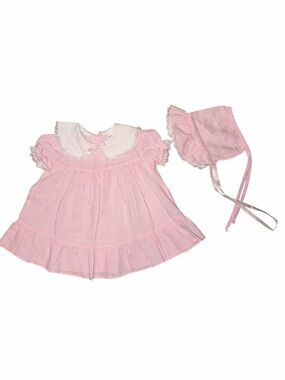 Vintage 80s Winnie the Pooh Pink Baby Dress Bonnet Set Made USA Disney 3-6m